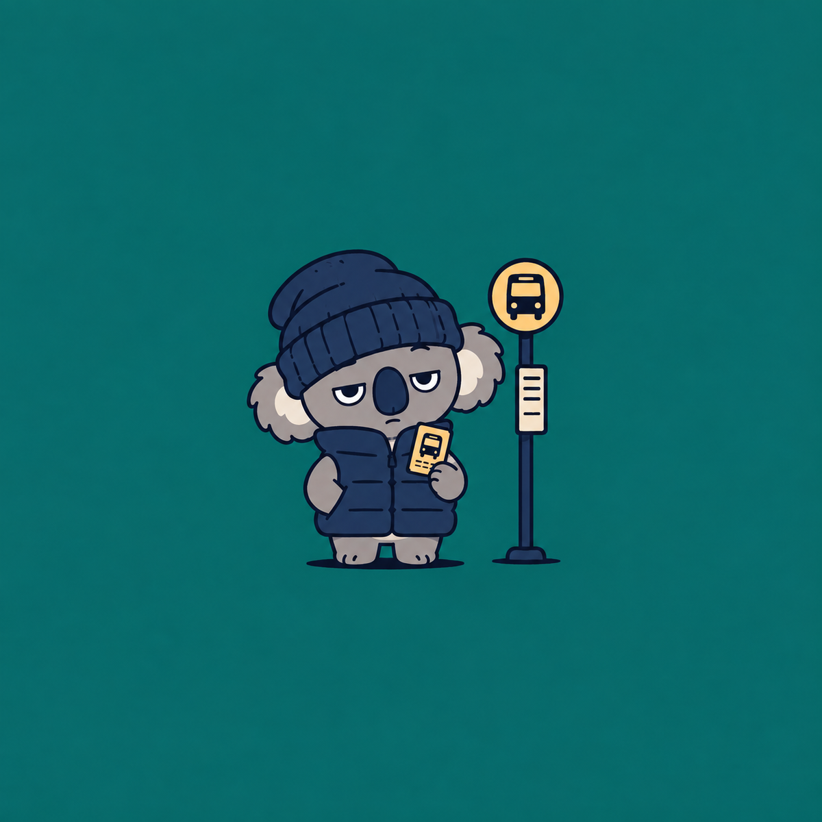 NIGHT BUS square product artwork: cartoon koala at a bus stop on teal background